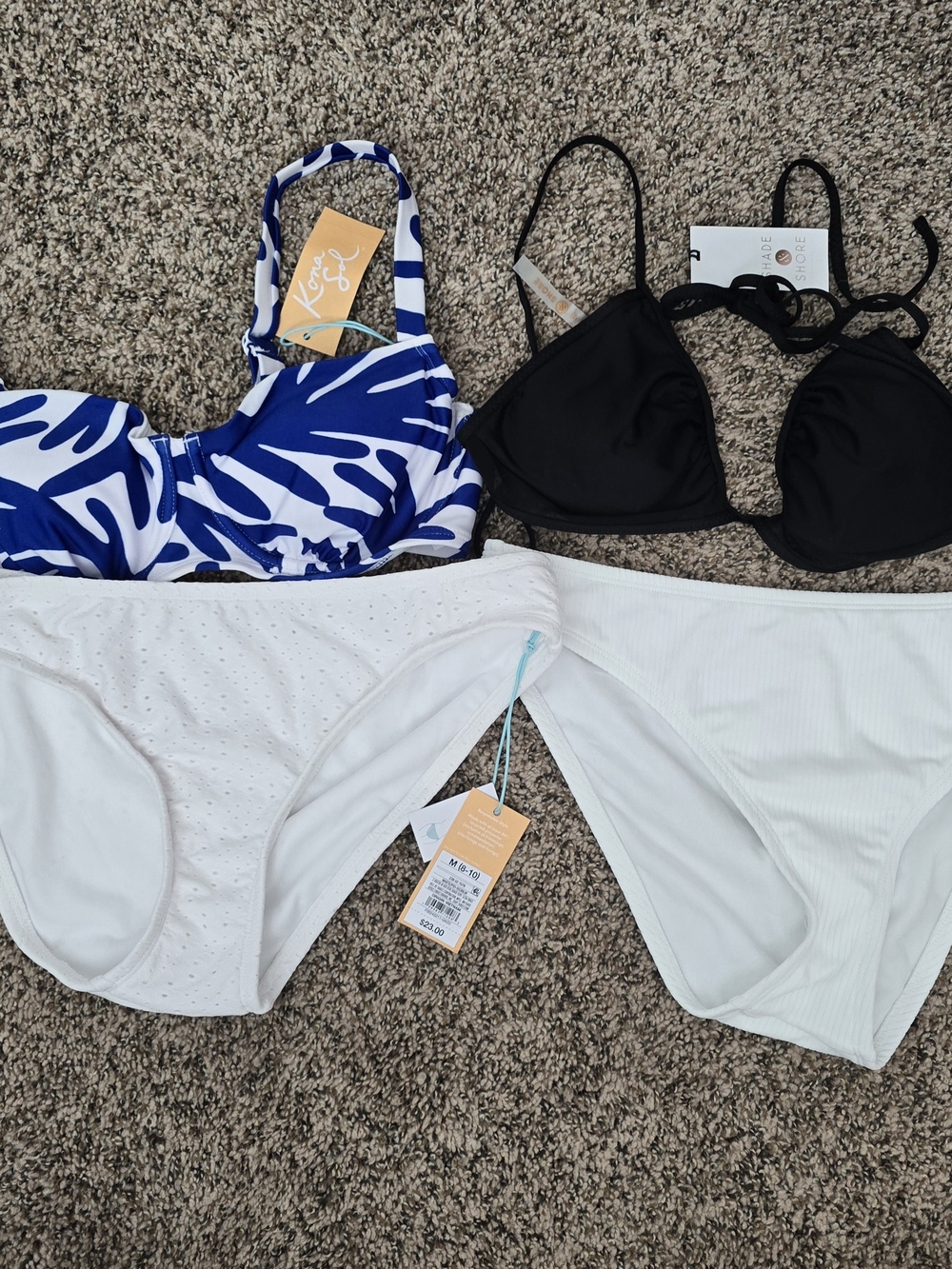 Kona Sol  Women's Blue Leaf Print Bikini Top and White Bottoms *LOT OF 4*